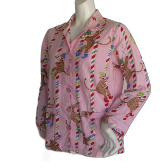 NICK & NORA Pajama Top, M, Pink, Sock Monkeys Climbing Peppermint striped poles - Picture 3 of 10